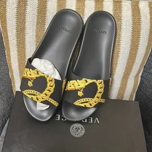 Versace | Shoes | Versace Black Slides With Gold Chain  display picture 3